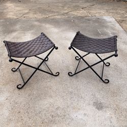 Wrought Iron & Leather Folding Stool Set Of 2 