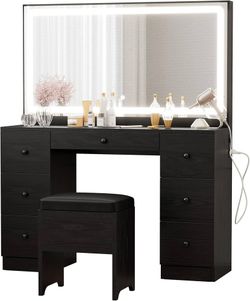 Vanity Makeup Desk Set with LED Lighted Mirror & Power Outlet, 7 Drawers Bedroom Vanities Table with Stool,Black
