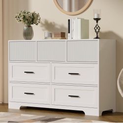 Brand New 47" White 7 Drawer Dresser Modern Fluted Design Sealed In Box