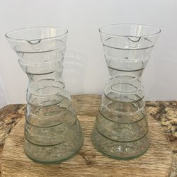 Set of 2 Hand Blown Glass Carafes Ribbed Wavy Clear Pitchers 9” Boho Modern