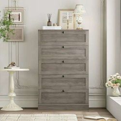 5 Drawer Bedroom Dresser, Modern Farmhouse Vertical Dresser Drawers Wood, Grey