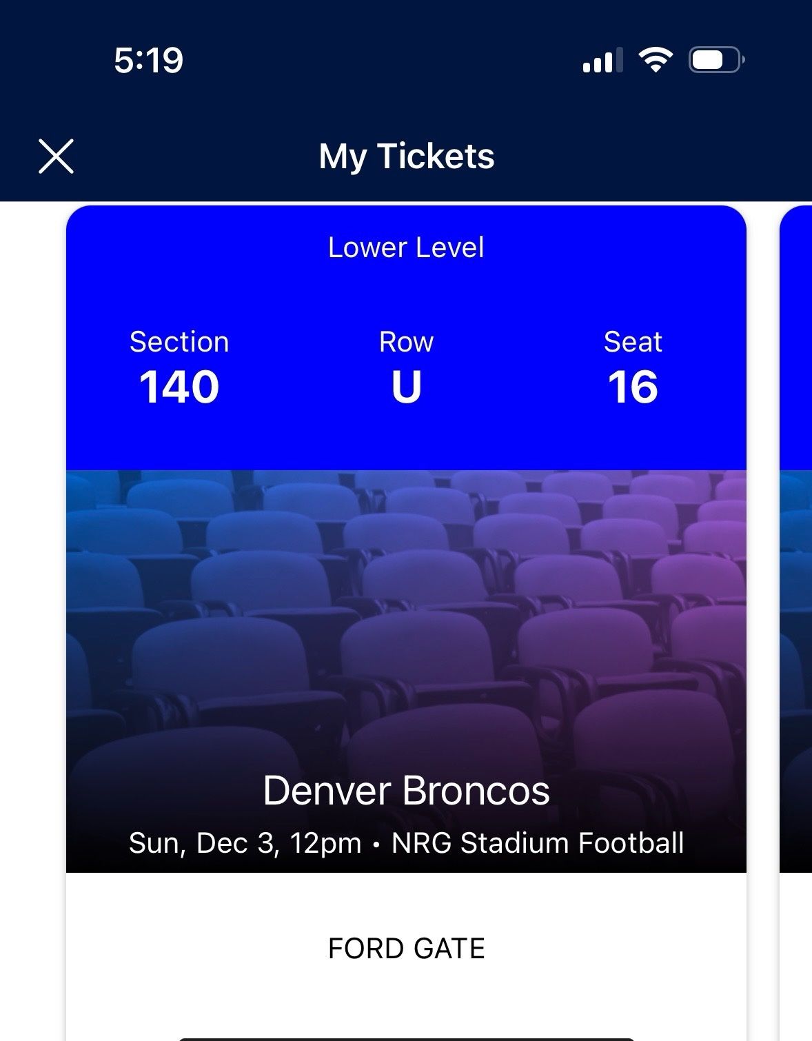 Texans vs Broncos + Blue parking Pass