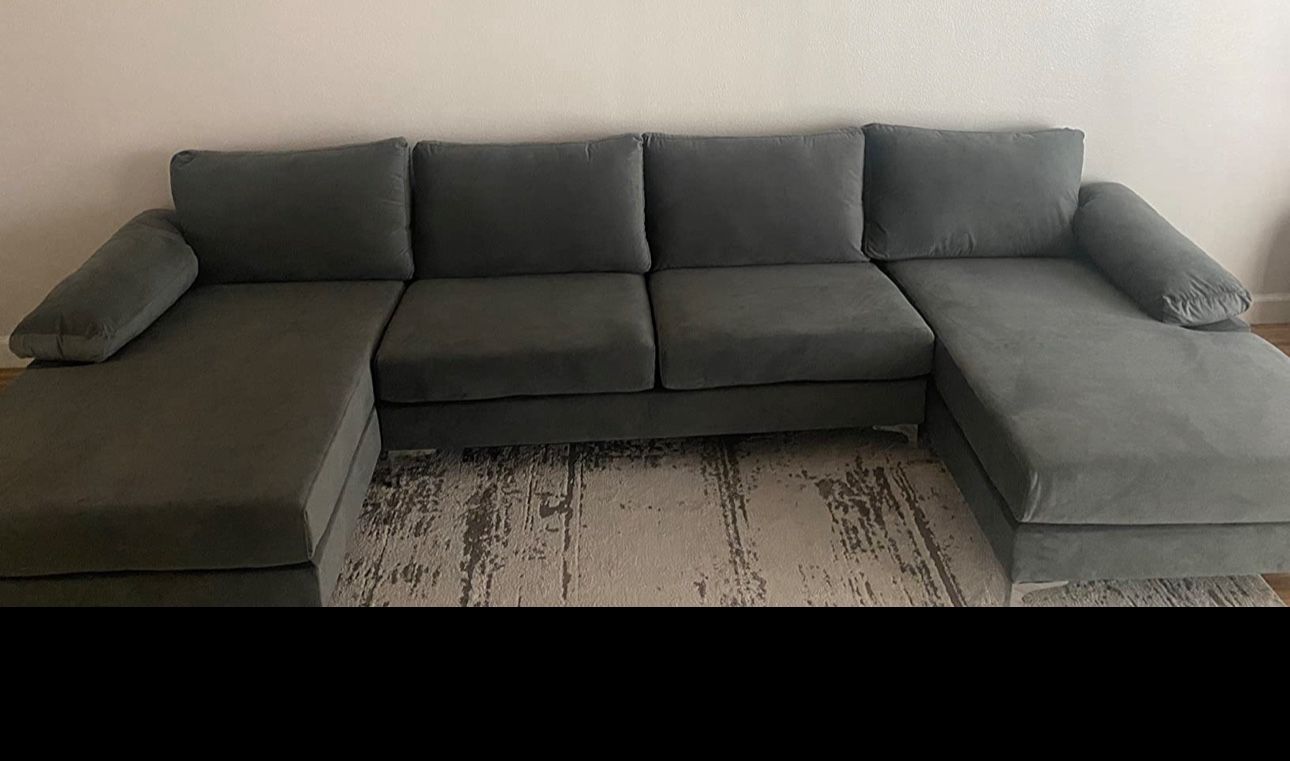 Modern Large Velvet Fabric U-Shape Sectional Sofa, Double Extra Wide Chaise Lounge Couch, Grey