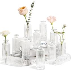 ComSaf Glass Bud Vases Set of 12, Small Bud Vase in Bulk, Mini Flower Vase for Centerpiece, Vintage Decorative Vase Set for Flowers (Clear)