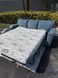 Beautiful blue upholstery queen size sofa bed couch fold out living room furniture