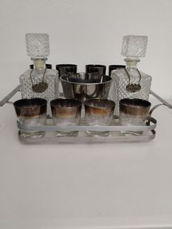 Vintage Mid-Century Modern Queen's Lusterware Barware Set - Silver Fade - Complete w/Carrier, Decanters & Ice Bucket (1950s/1960s)