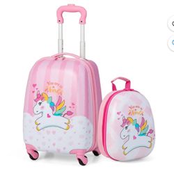 Costway 2PC Kids Carry On Luggage Set 12'' Backpack and 16'' Rolling Suitcase for Travel