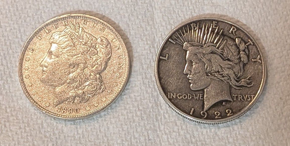 1890 Morgan And 1922 Peace Silver Dollar