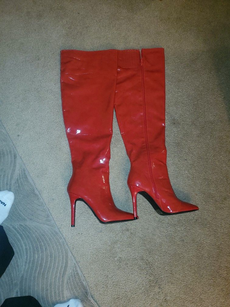 Fire Red sexy thigh high genuine patent leather boots