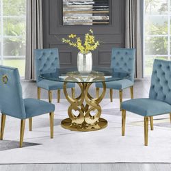 ART DECO VIBE TEAL BLUE VELVET RING PULL CHAIRS ROUND 5 PIECE DINING TABLE SET GOLD FINISH BASE