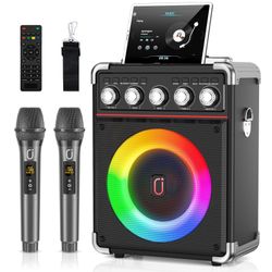 Karaoke Machine With 2 Microphones: HWWR Portable Karaoke Machine For Adults Kids, Bluetooth Karaoke Speaker With Bass/Treble Adjustment, PA System Wi