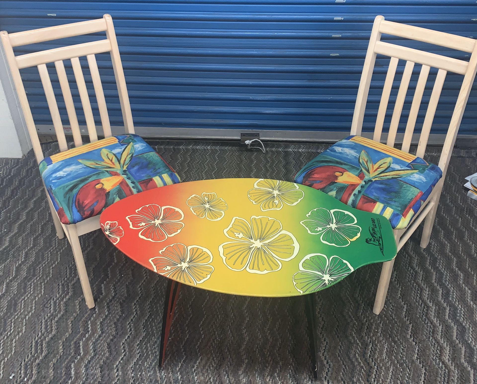 “SURFS UP” Parrot Chairs and Floral Skim Board Coffee Table Beach Decor