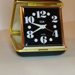Elgin Vintage Black Travel Clam Case Alarm Japan Perfect Condition!