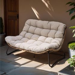 Outdoor Loveseat, 2-Seater Outdoor Sofa with Soft Cushion, All-Weather Bohemian Rattan Furniture, Beige
