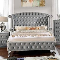 GLAM SILVER GRAY VELVET BLING ACRYLIC TUFTED BUTTONS QUEEN SIZE BED FRAME - CAMA