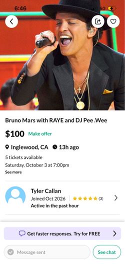 Scammer claims to have Bruno mars tickets