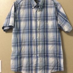 Men's M Knights Of Round Table Blue Plaid Button-Down Short-Sleeved Dress Shirt