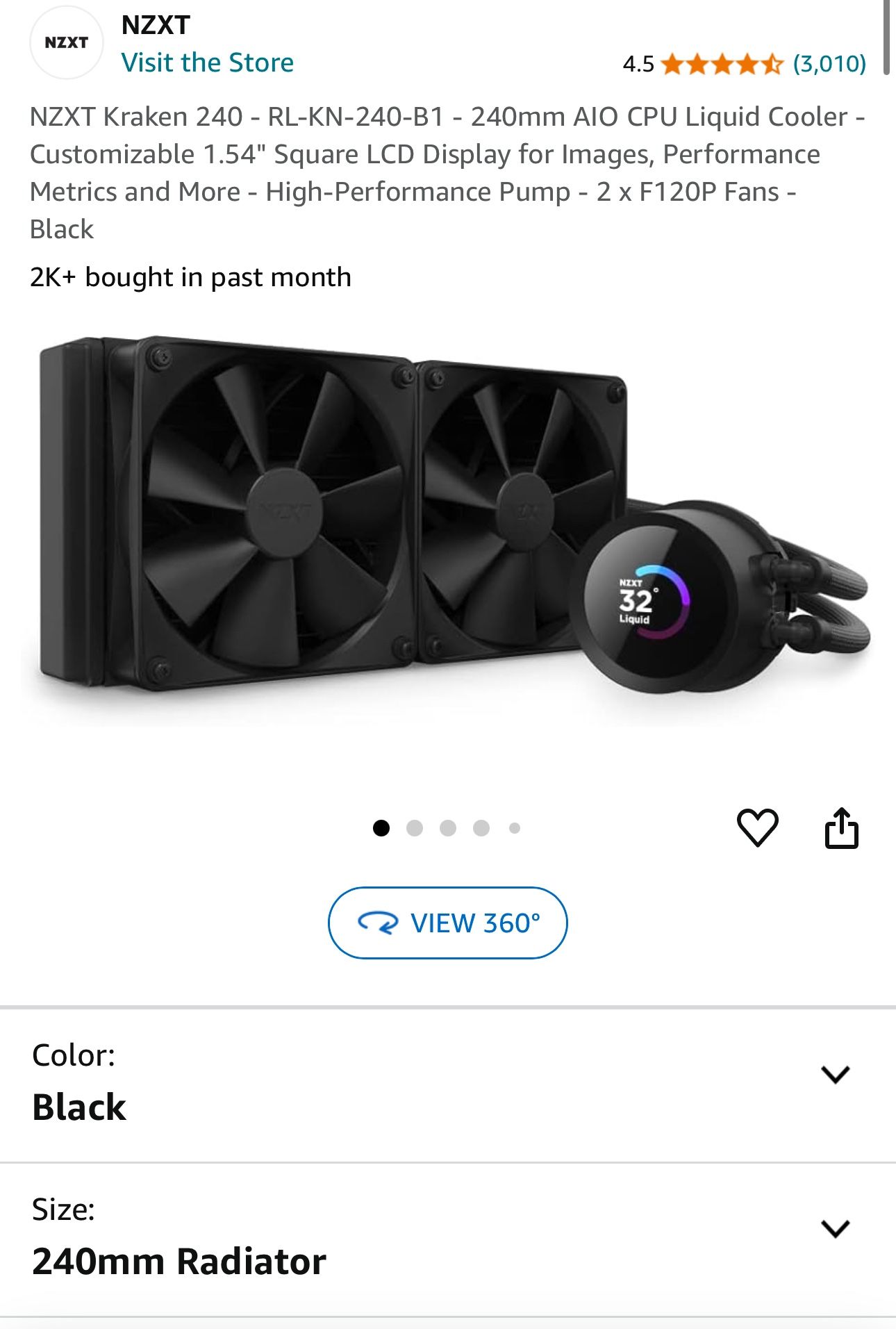 NZXT Kraken 240-240mm AIO CPU Liquid Cooler - Customizable 1.54"" Square LCD Display for Images, Performance Metrics and More - High-Performance Pump 