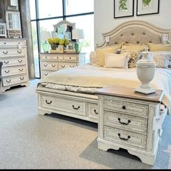 Ashley/ Realyn Chipped White Footboard Storage Platform Bedroom set,dresser,mirror, Nightstand, Chest, Bed 