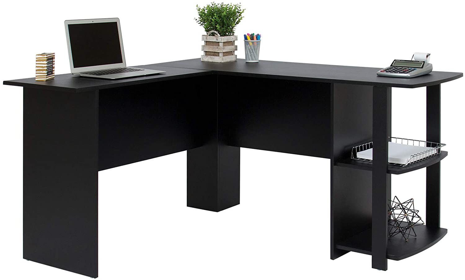 Functional L-Shaped Computer Desk with 2 Open Bookshelves, Black