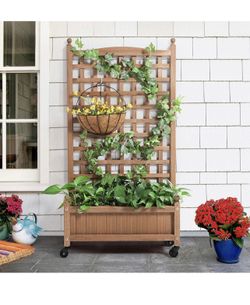50" H Raised Garden Bed with Trellis & Wheels Standing Vertical Horticulture Planter Box for Vine Climbing Plants, Flowers, Herbs Brown