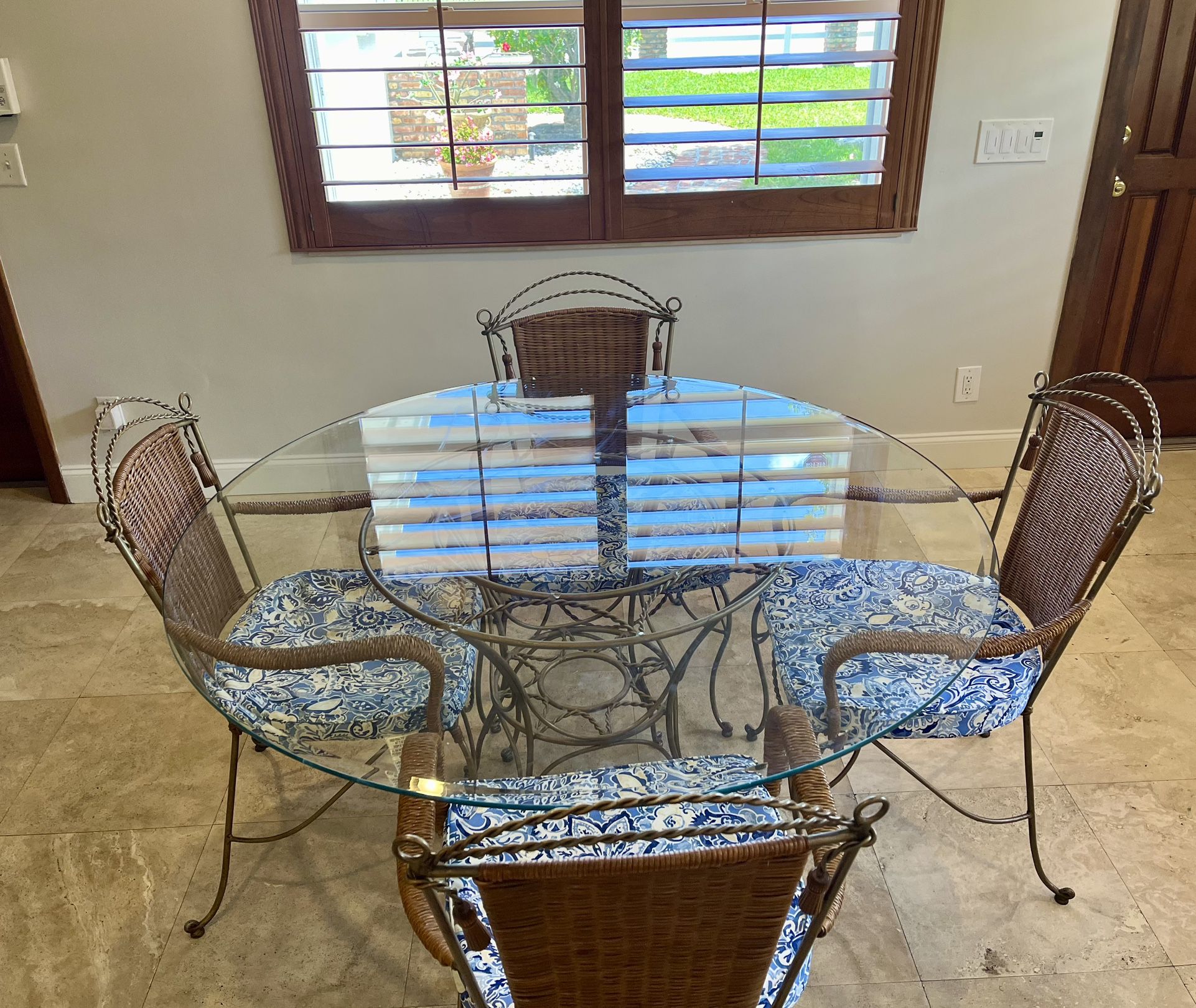 Glass Table, 4 Chairs, Washable Cushions 