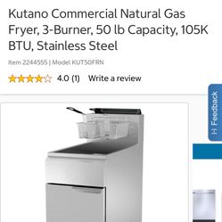 Kutano Commercial Natural Gas Fryer, 3-Burner, 50 lb Capacity, 105K BTU, Stainless Steel