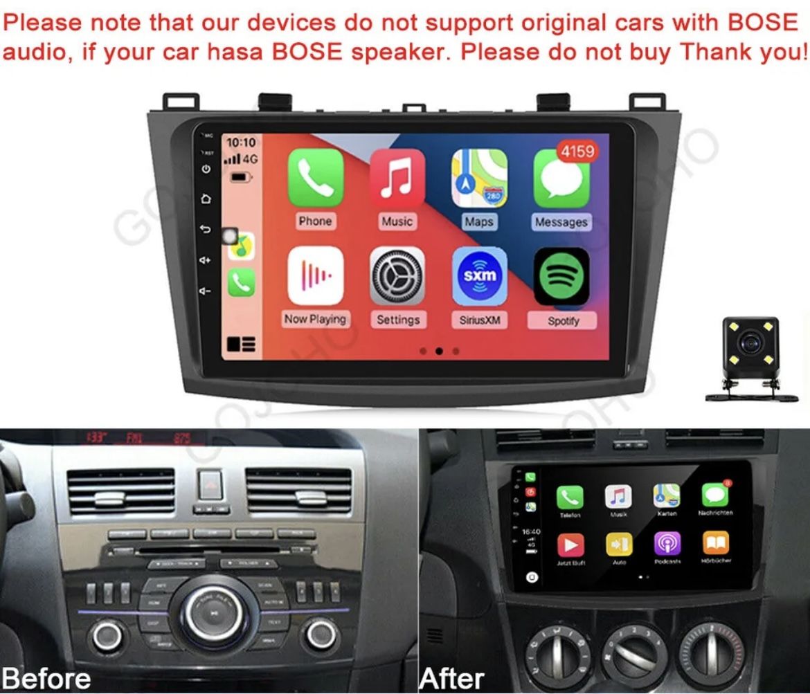CAM+For Mazda 3 10-13 BL 9" Android 12 Car Radio GPS Stereo CarPlay DSP WiFi RDS