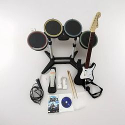 Rock Band 2 Wii Bundle 2 Games Drum Kit Pedal Sticks Mic Guitar
