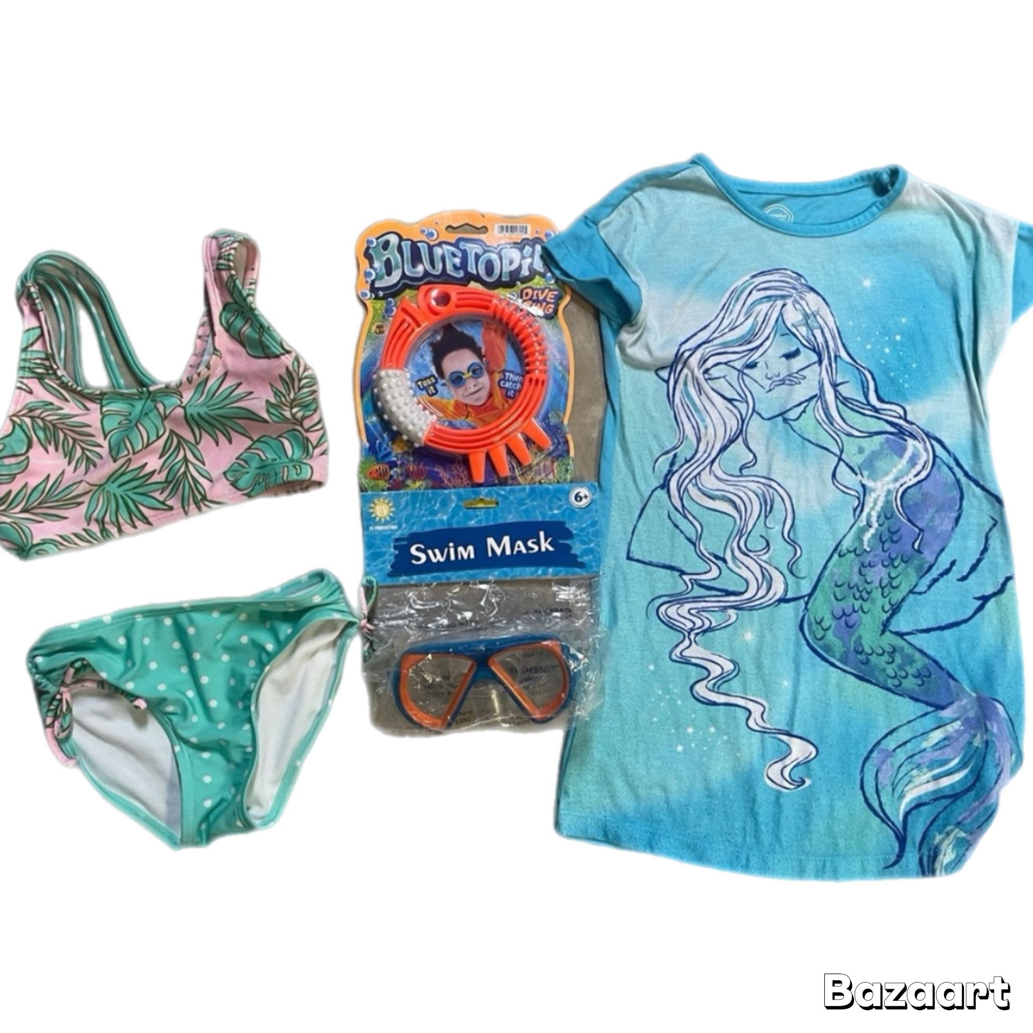 Sz 4 Girls Swim Bundle Bikini, Cover Up , Goggles, And Dive Stick