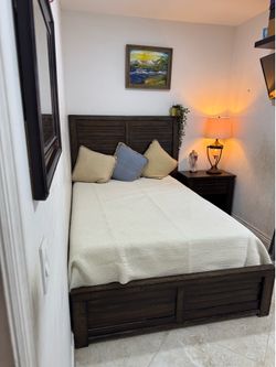 Wooden Full Size Bed with Memory foam mattress, Boxspring, wall mirror and side table