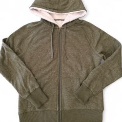 Womens Soft Fluffy Durable Olive Green Thick Zip Up Hoodie Jacket Size Medium