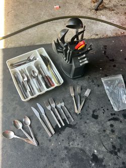 Kitchen utensils Farberware holder + matching silverware set + decorative tray, service utensils