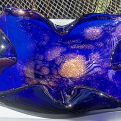 MCM Murano cobalt blue w gold dust art glass ashtray.   No damage
