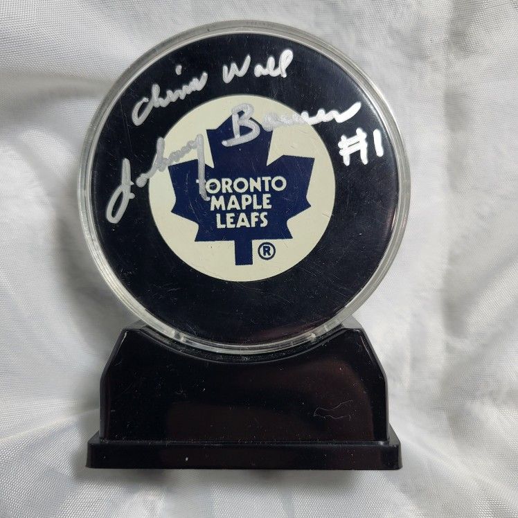 Johnny Bower #1 China Wall Toronto Leafs Signed NHL Hockey Puck