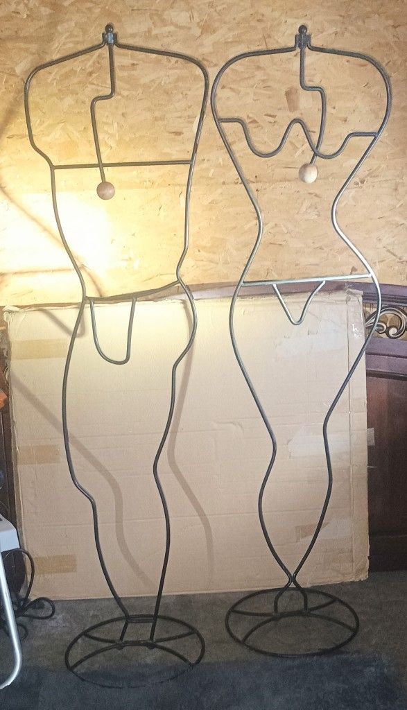Pair Of Male And Female Metal Mannequins Hat And Coat Stands