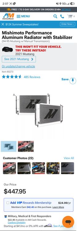 Mustang sn95 5.0 mishimoto radiator like new!