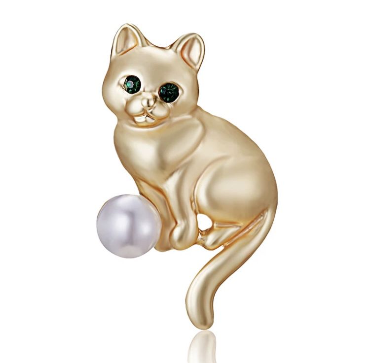 GOLD CRYSTAL CAT with BALL BROOCH PIN 🎁 GIFT