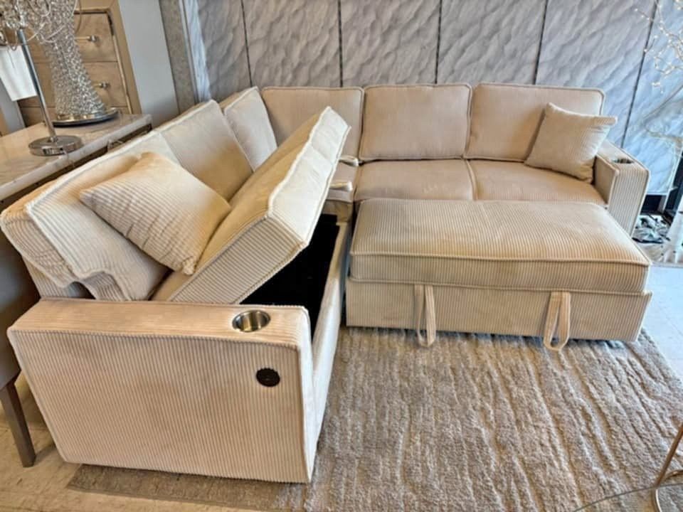Beige or Black corduroy sectional pull out sofa bed sleeper sofa