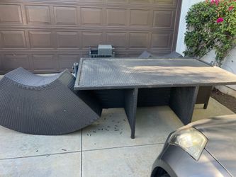Patio table and glass top + 2 half moon seating pieces