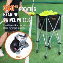 328]VEVOR Foldable Tennis Ball Hopper, Holds 180 Tennis Balls, Lightweight Aluminum Alloy Tennis Ball Basket Cart with Wheels, Removable Bag, Carry Ba