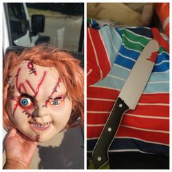 Chucky Vacuform Costume Mask, Prop Knife, and Shirt