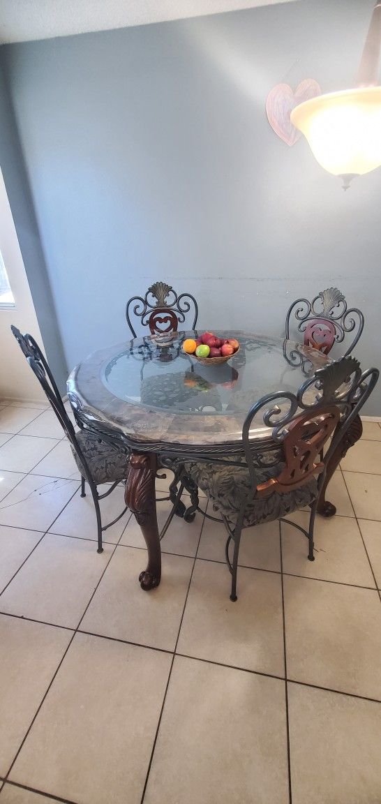 Iron Round Marble Table Top Glass Wooden Legs 4 Chairs
