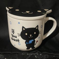 Daiso Japan Black Cat Porcelain Coffee Mug IF YOU WANT Teacup w/ Lid Coaster