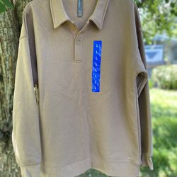 NWT Mondetta Women’s Size L Thick Mocha Colored Pull Over Sweatshirt Top Collar Buttons