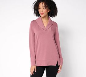 Denim & Co. Active Fleece Back Knit Top with Shawl Collar Rose Brown, Size 5X