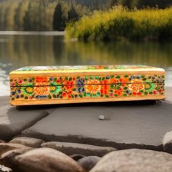 Gorgeous & Smooth Hand Painted Floral Art Kashmiri Paper Mache Pencil & Jewelry Box 8”inch Long