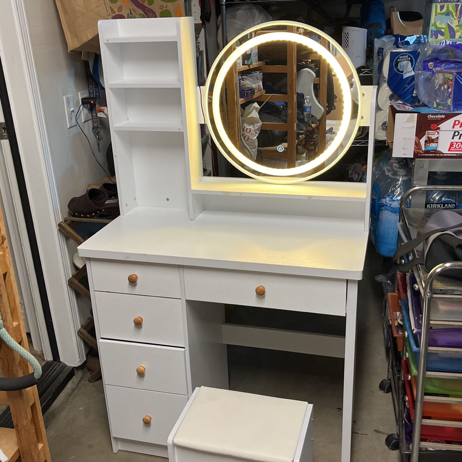Vanity Makeup Dresser Table White 5 Drawers And 3 Shelves With Stool And 3-mode light Mirror