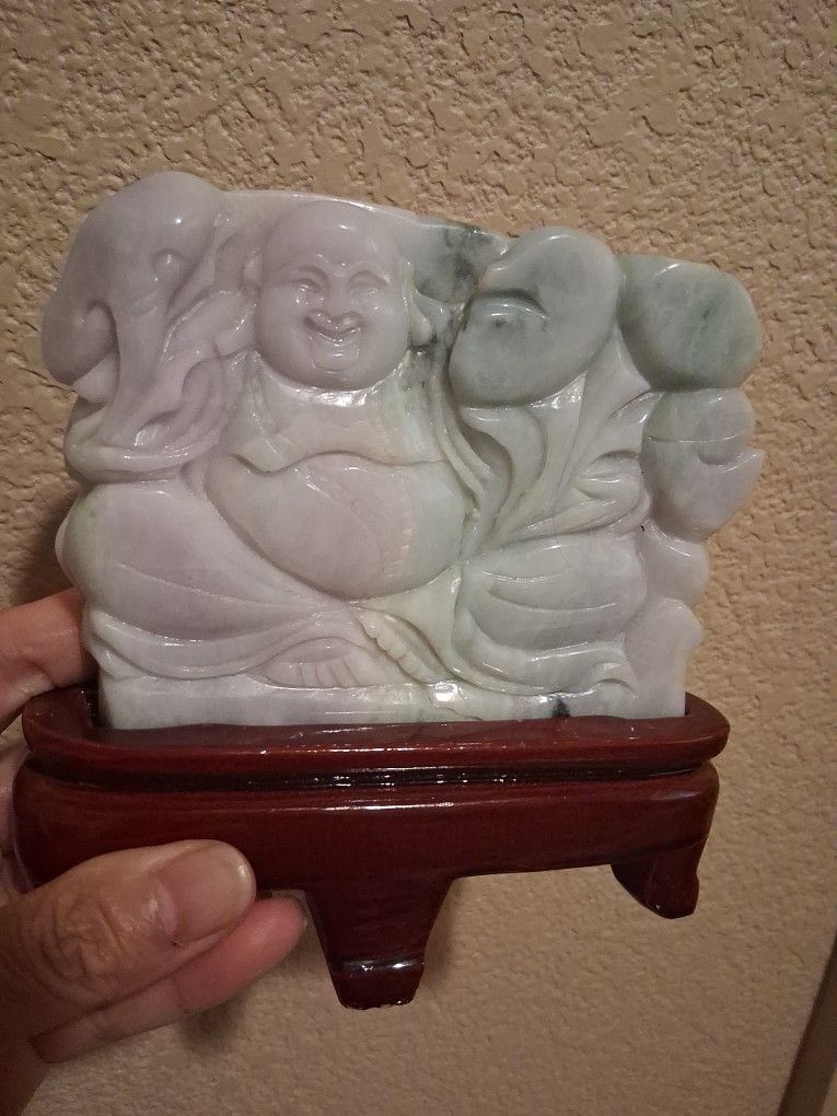 Certified A Grade Green Lavender Jade Jadeist Happy Buddha Statue Blessing Weathy Good Luck