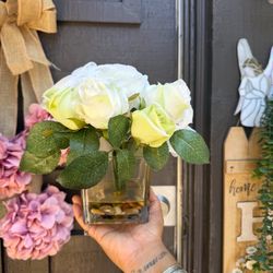 Faux White Rose Arrangement in Glass Vase